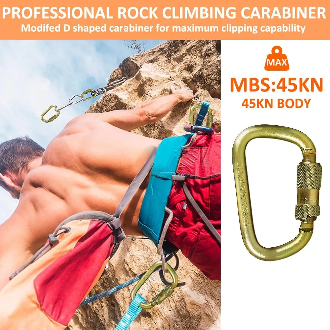 DEKABR Heavy Duty Alloy Steel Auto-Locking Climbing Carabiner - 45KN Twist Lock Carabiner for Rock and Tree Climbing, Quick Release, Rescue, and Mountaineering. ANAB Certified, Large, Gold