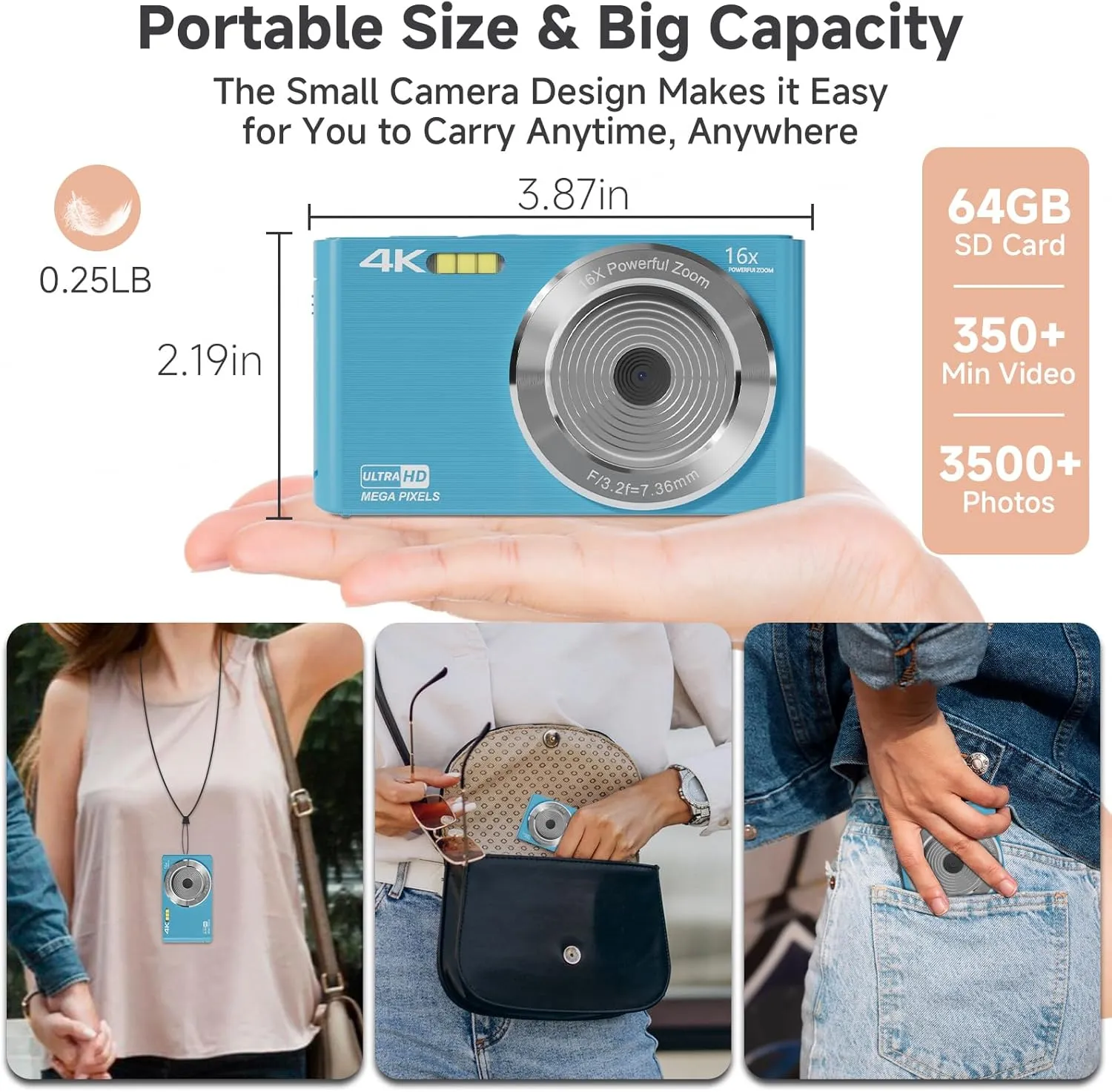 Digital Camera for Teens, FHD 4K 44MP Autofocus Camera with 64GB Card, 2 Batteries, Lanyard, 16X Digital Zoom, Compact Portable Cheap Point Shoot Cameras for Kids Boys Girls Students Beginners(Blue)
