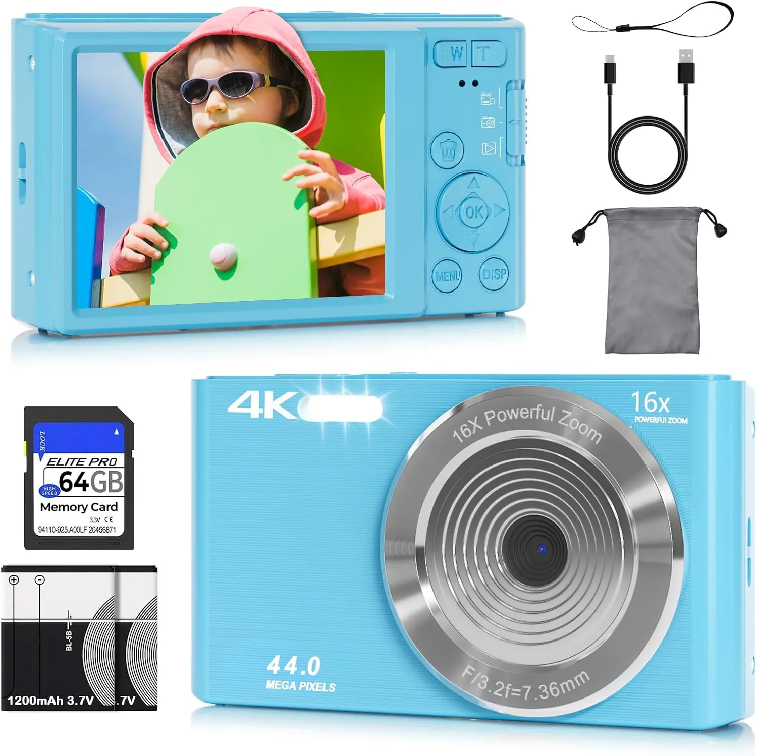 Digital Camera for Teens, FHD 4K 44MP Autofocus Camera with 64GB Card, 2 Batteries, Lanyard, 16X Digital Zoom, Compact Portable Cheap Point Shoot Cameras for Kids Boys Girls Students Beginners(Blue)