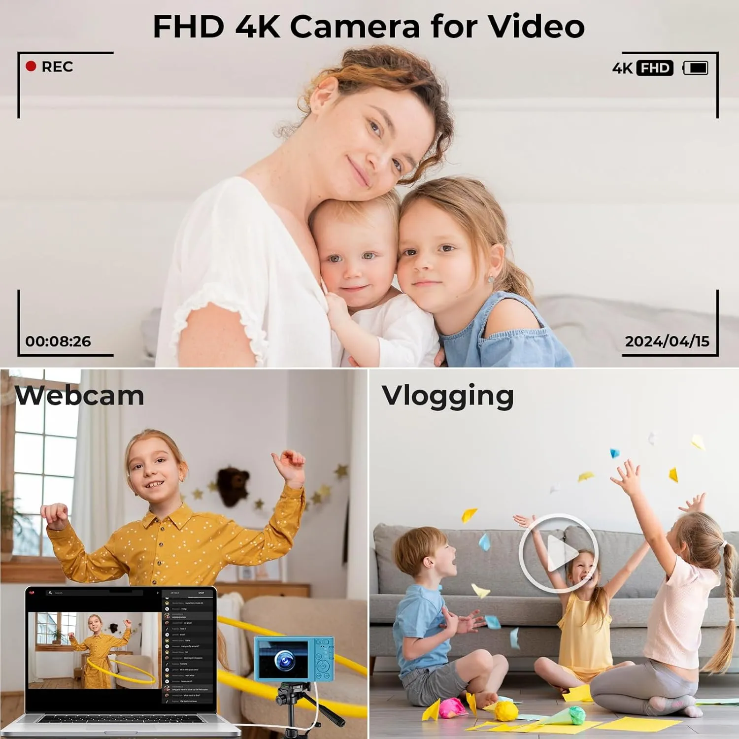 Digital Camera for Teens, FHD 4K 44MP Autofocus Camera with 64GB Card, 2 Batteries, Lanyard, 16X Digital Zoom, Compact Portable Cheap Point Shoot Cameras for Kids Boys Girls Students Beginners(Blue)