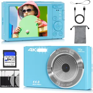 Digital Camera for Teens, FHD 4K 44MP Autofocus Camera with 64GB Card, 2 Batteries, Lanyard, 16X Digital Zoom, Compact Portable Cheap Point Shoot Cameras for Kids Boys Girls Students Beginners(Blue)