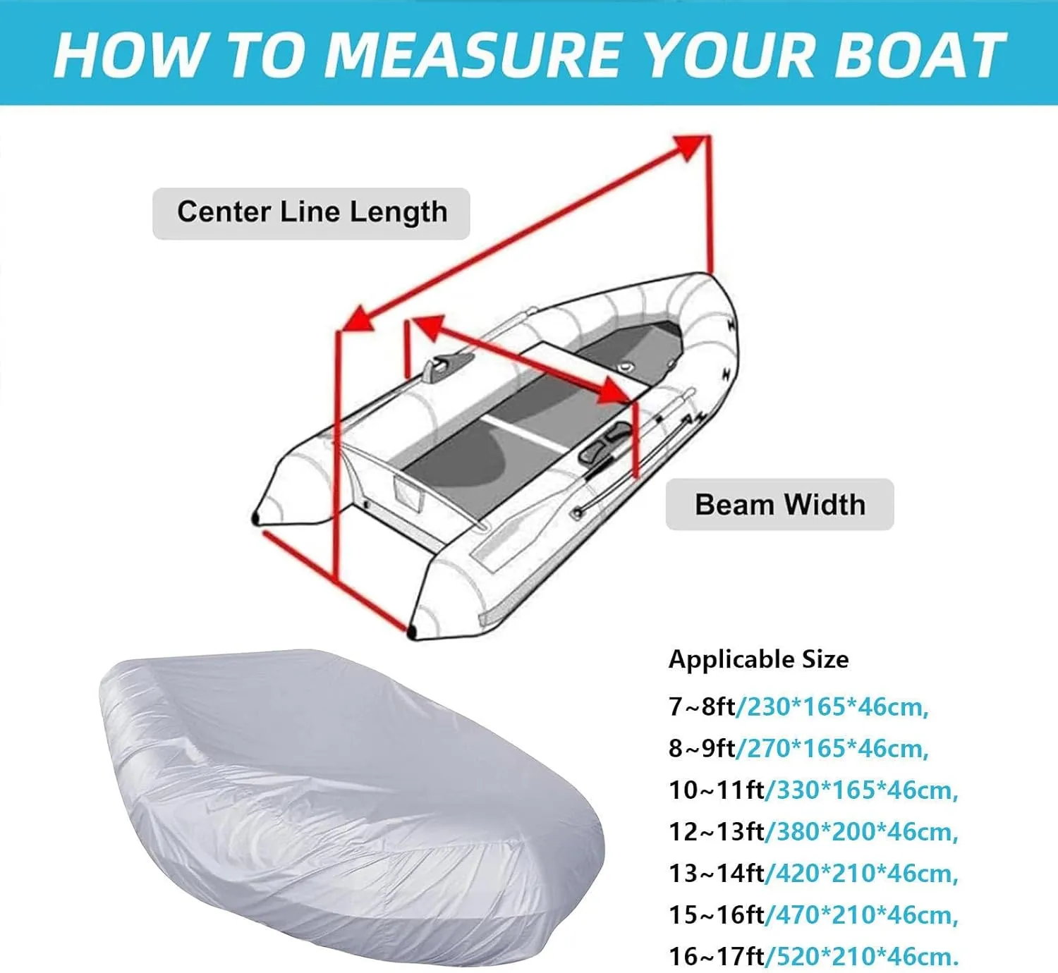Dinghy Covers 7 Sizes Boat Tarp Waterproof Anti-UV Row Boat Cover for Small Inflatable and Rigid Inflatable Boats,470 * 210 * 46cm