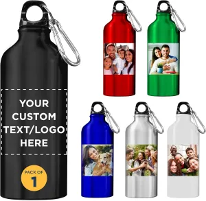 DISCOUNT PROMOS Custom Aluminum Water Bottles 20 oz. Set of 1, Personalized text, logo picture - Perfect for Gym, Hiking, Any Indoor/Outdoor Activities - Black