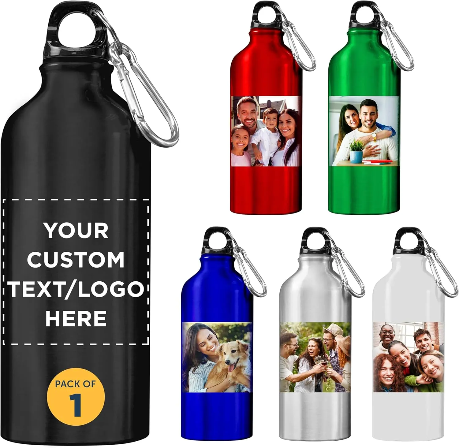 DISCOUNT PROMOS Custom Aluminum Water Bottles 20 oz. Set of 1, Personalized text, logo picture - Perfect for Gym, Hiking, Any Indoor/Outdoor Activities - Black
