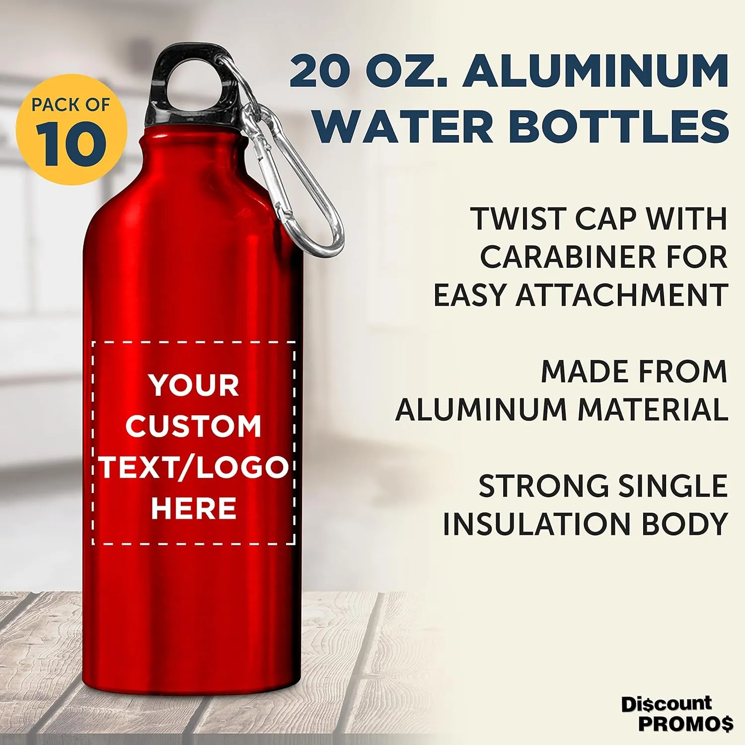 DISCOUNT PROMOS Custom Aluminum Water Bottles 20 oz. Set of 10, Personalized Bulk Pack - Perfect for Gym, Hiking, Any Indoor/Outdoor Activities - Red