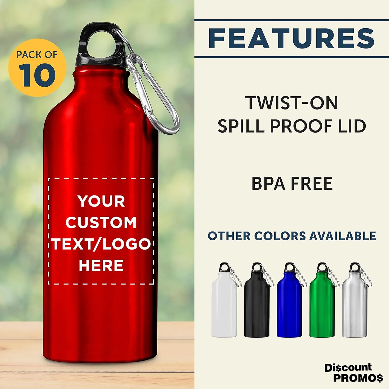 DISCOUNT PROMOS Custom Aluminum Water Bottles 20 oz. Set of 10, Personalized Bulk Pack - Perfect for Gym, Hiking, Any Indoor/Outdoor Activities - Red