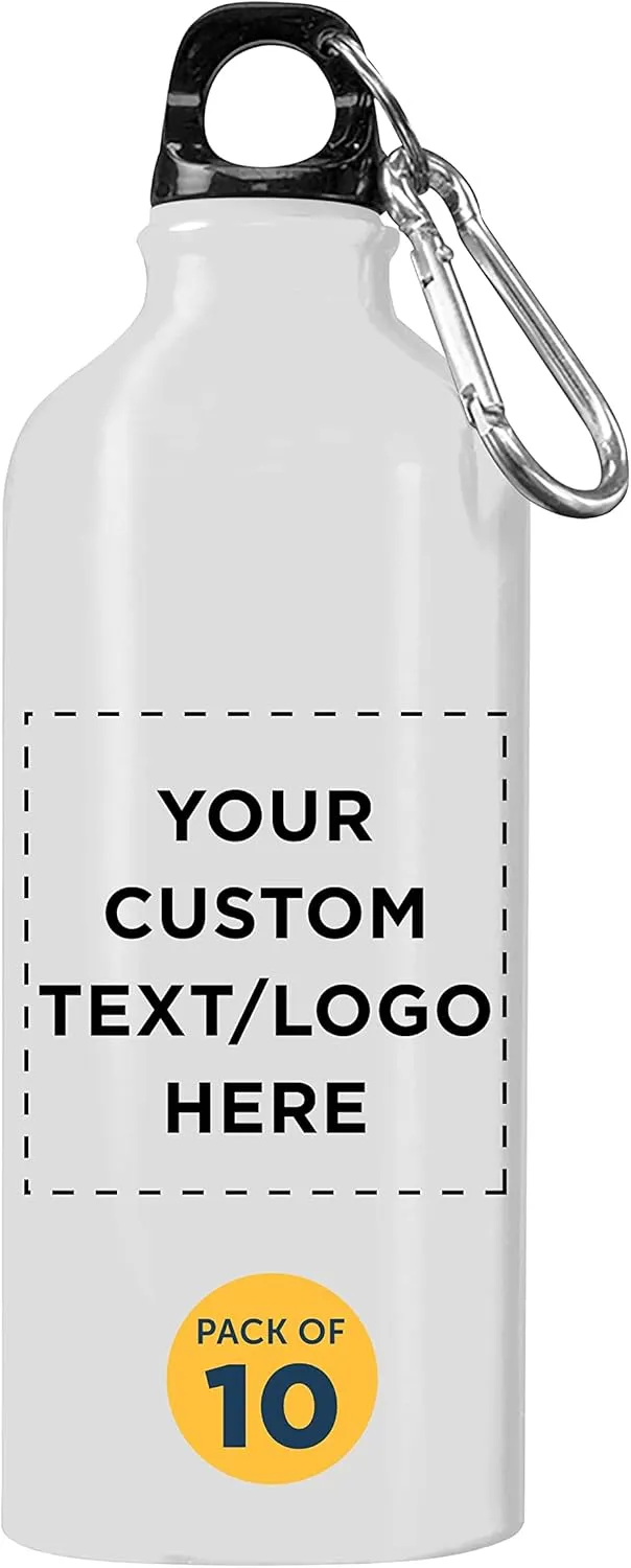DISCOUNT PROMOS Custom Aluminum Water Bottles 20 oz. Set of 10, Personalized Bulk Pack - Perfect for Gym, Hiking, Any Indoor/Outdoor Activities - White