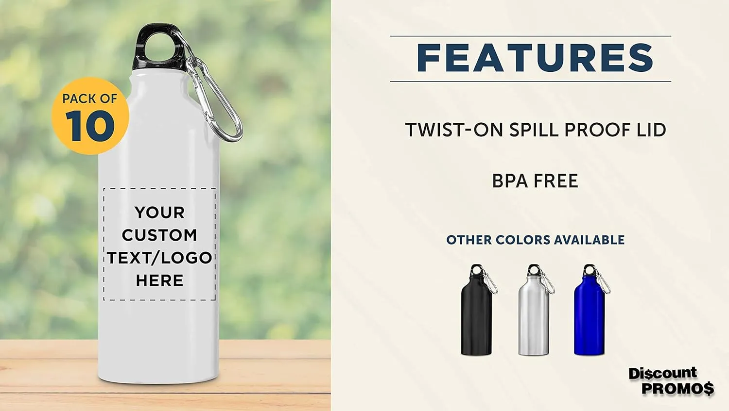 DISCOUNT PROMOS Custom Aluminum Water Bottles 20 oz. Set of 10, Personalized Bulk Pack - Perfect for Gym, Hiking, Any Indoor/Outdoor Activities - White
