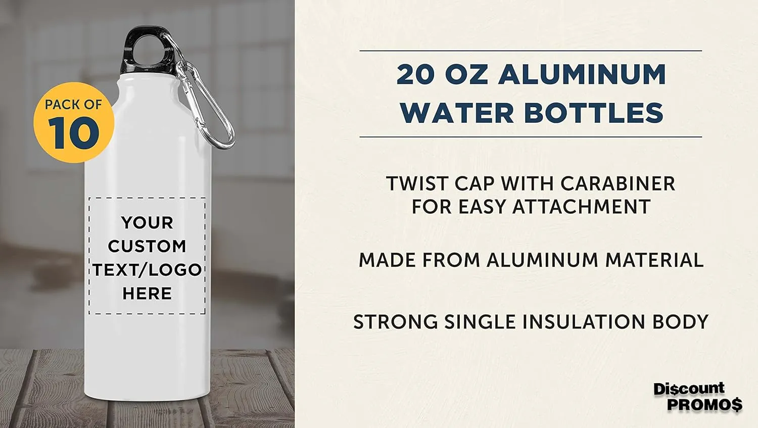 DISCOUNT PROMOS Custom Aluminum Water Bottles 20 oz. Set of 10, Personalized Bulk Pack - Perfect for Gym, Hiking, Any Indoor/Outdoor Activities - White