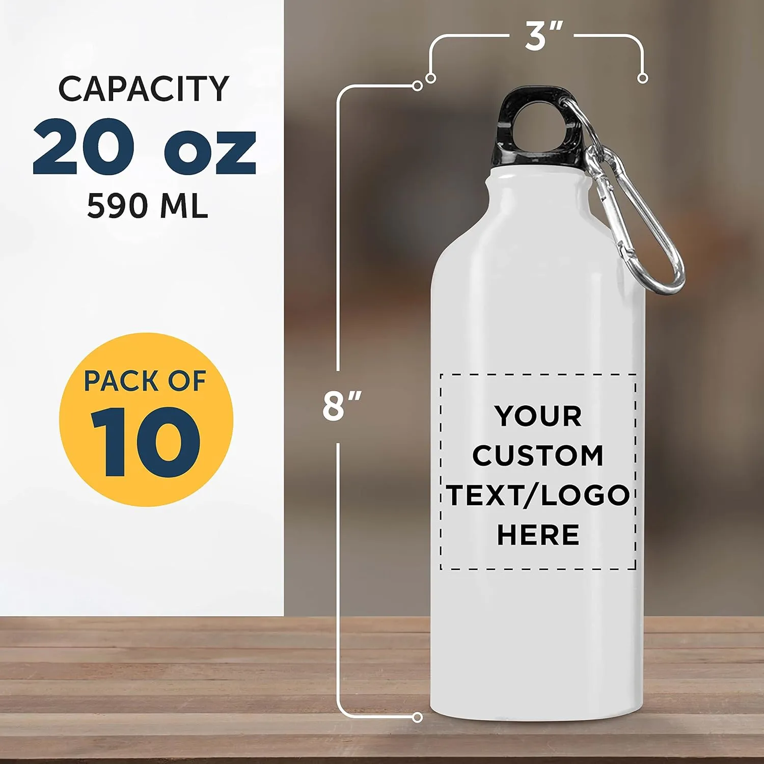 DISCOUNT PROMOS Custom Aluminum Water Bottles 20 oz. Set of 10, Personalized Bulk Pack - Perfect for Gym, Hiking, Any Indoor/Outdoor Activities - White