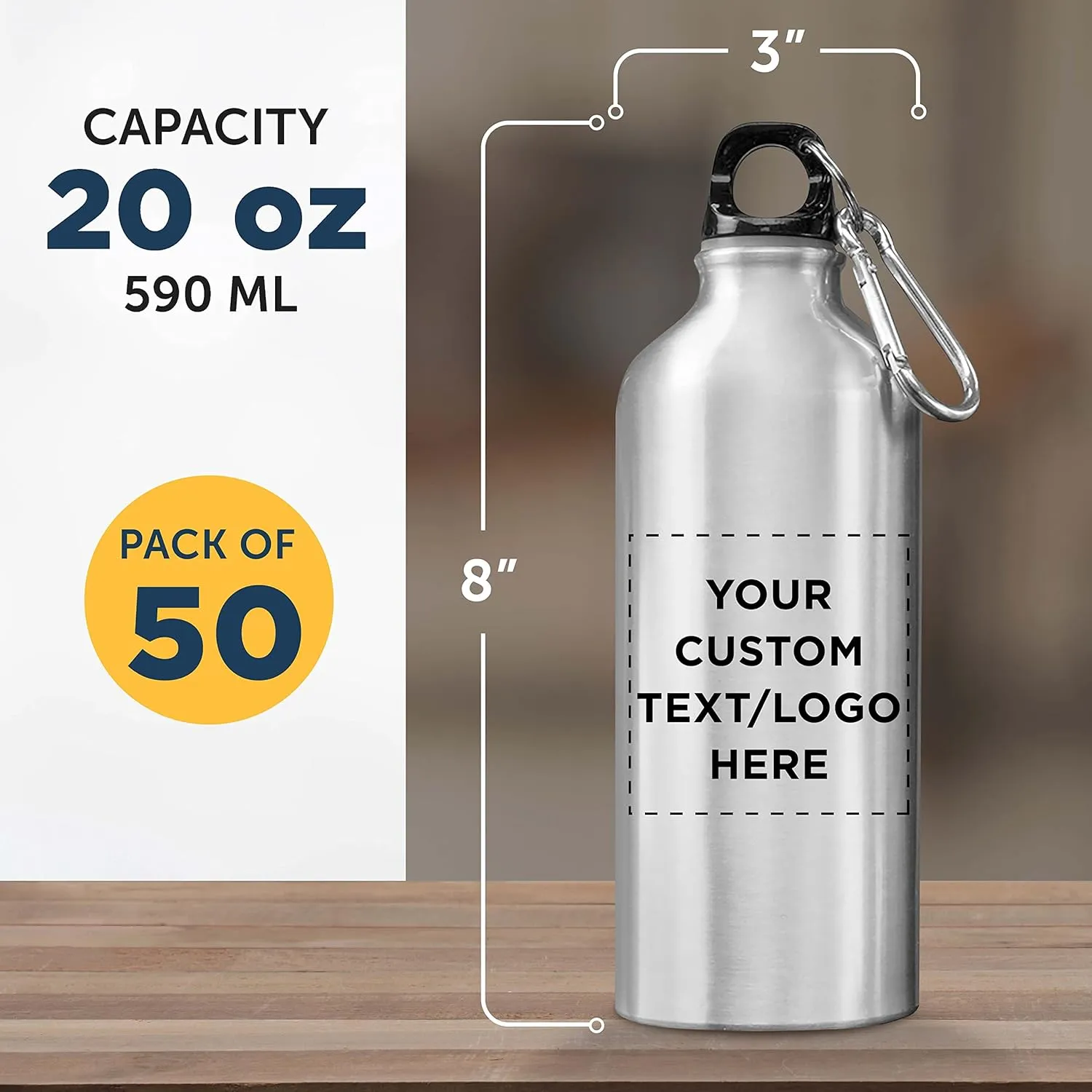 DISCOUNT PROMOS Custom Aluminum Water Bottles 20 oz. Set of 50, Personalized Bulk Pack - Perfect for Gym, Hiking, Any Indoor/Outdoor Activities - Silver
