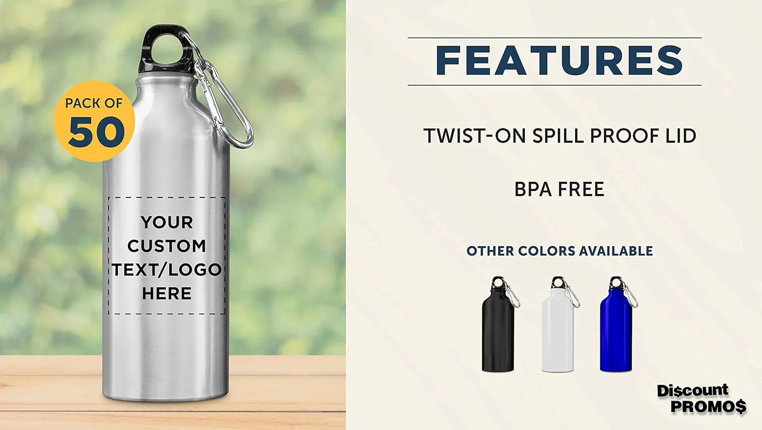 DISCOUNT PROMOS Custom Aluminum Water Bottles 20 oz. Set of 50, Personalized Bulk Pack - Perfect for Gym, Hiking, Any Indoor/Outdoor Activities - Silver