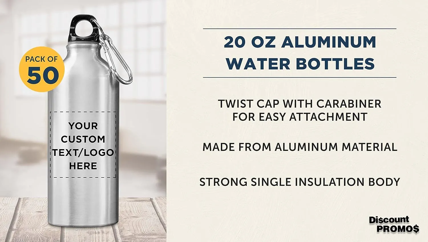 DISCOUNT PROMOS Custom Aluminum Water Bottles 20 oz. Set of 50, Personalized Bulk Pack - Perfect for Gym, Hiking, Any Indoor/Outdoor Activities - Silver