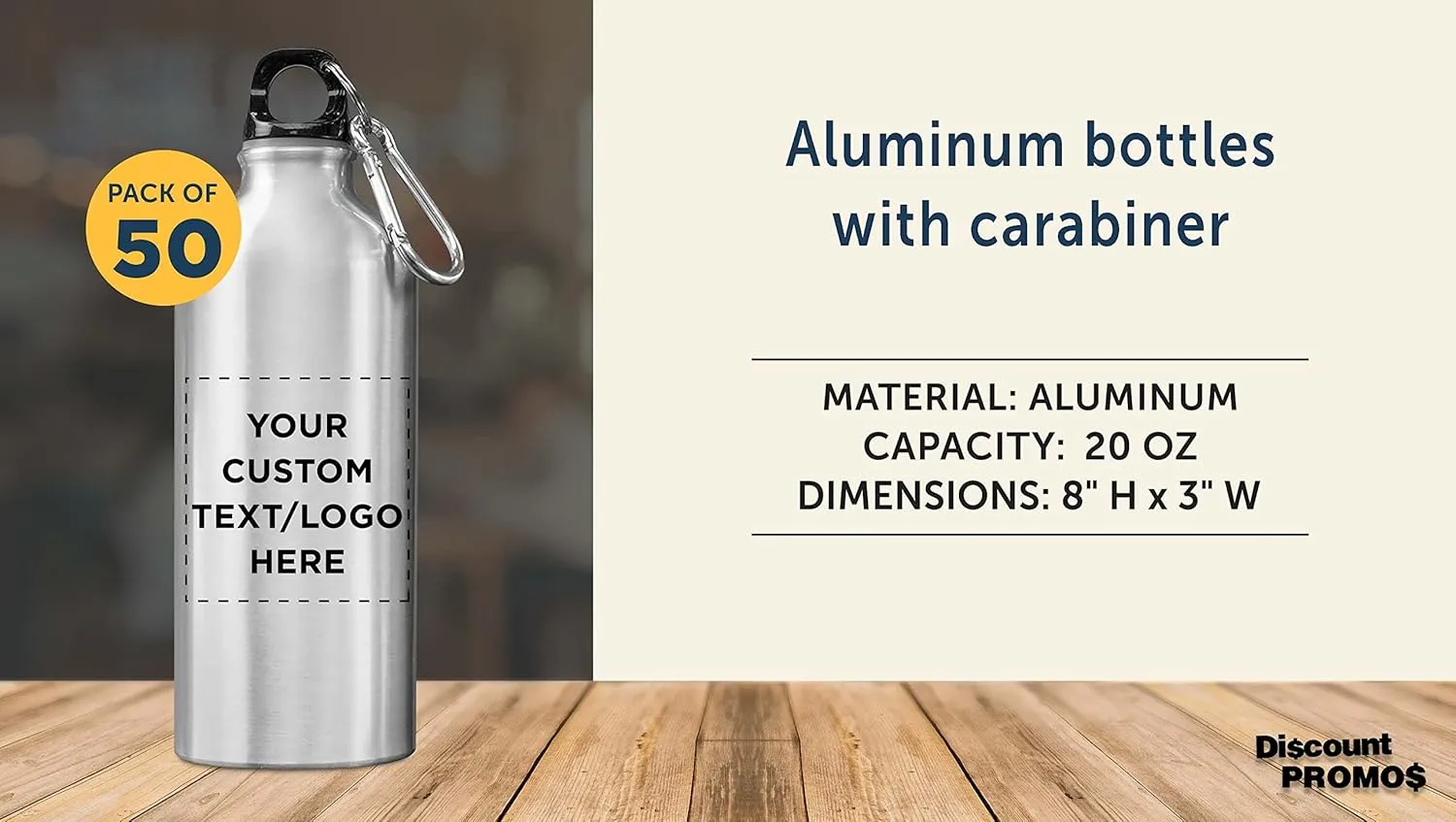 DISCOUNT PROMOS Custom Aluminum Water Bottles 20 oz. Set of 50, Personalized Bulk Pack - Perfect for Gym, Hiking, Any Indoor/Outdoor Activities - Silver