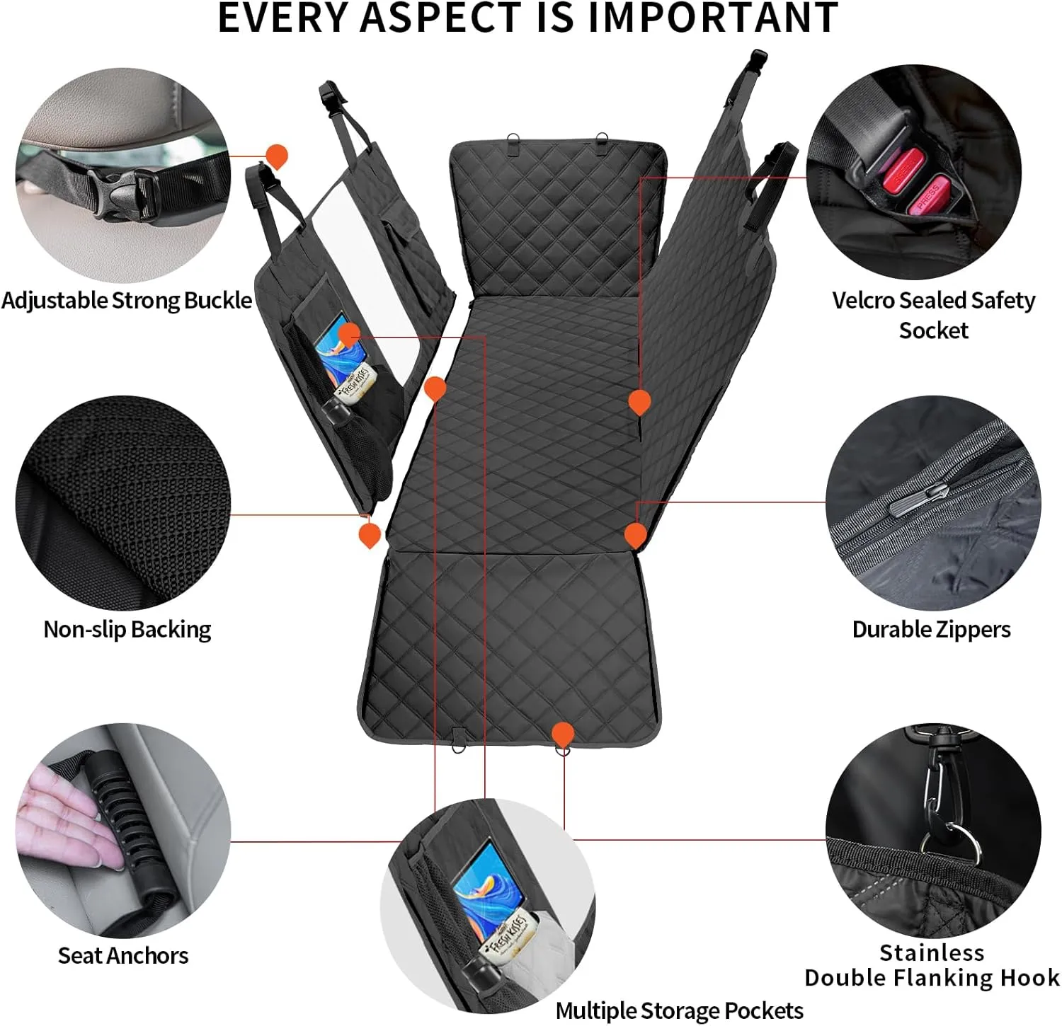 Dog Car Seat Cover for Back Seat, Dog Hammock for Car, Waterproof Backseat Protector for Dogs, Mesh Window and Multiple Pockets - Fits Cars, SUVs, and Trucks