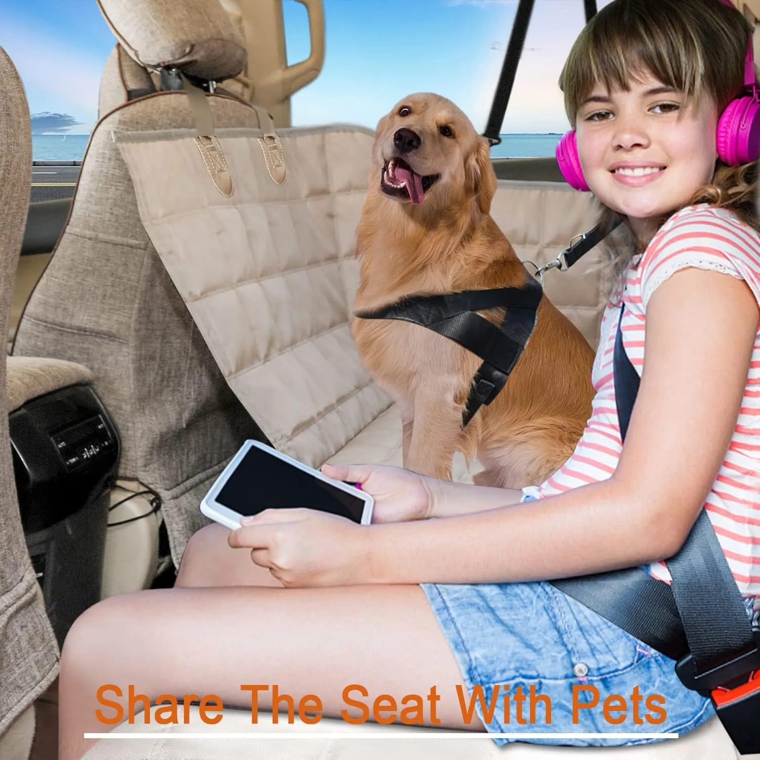 Dog Car Seat Cover for Back Seat Dog Seat Cover Hammock for Truck SUV - Waterproof Pet Car Seat Protector for Backseats,Beige Regular
