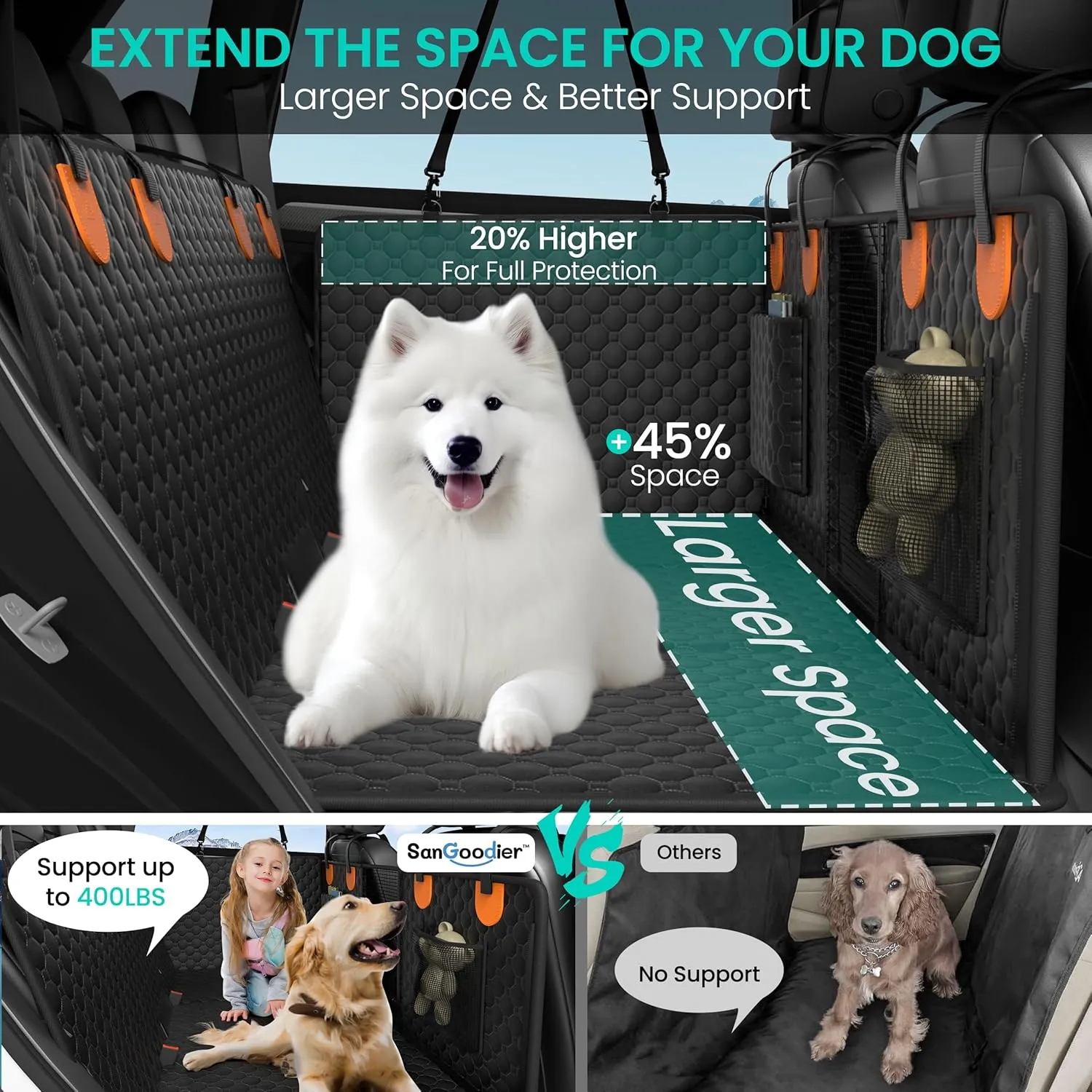 Dog Car Seat Cover for Back Seat, Hard Bottom Back Seat Extender for Dogs, Waterproof Dog Hammock for Truck Support to 400lbs, Car Seat Protector for Cars, Trucks, SUV, Jeep