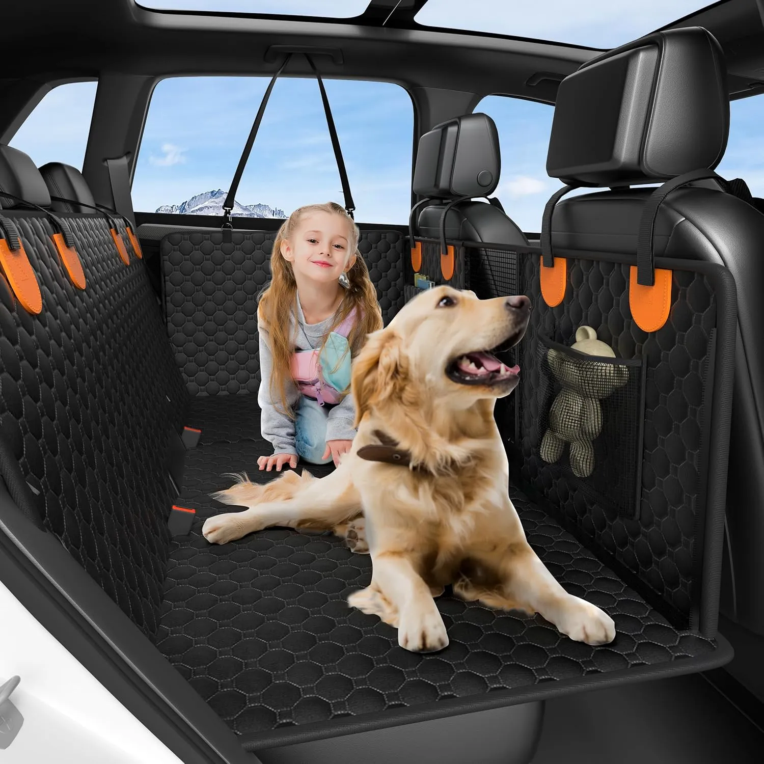 Dog Car Seat Cover for Back Seat, Hard Bottom Back Seat Extender for Dogs, Waterproof Dog Hammock for Truck Support to 400lbs, Car Seat Protector for Cars, Trucks, SUV, Jeep