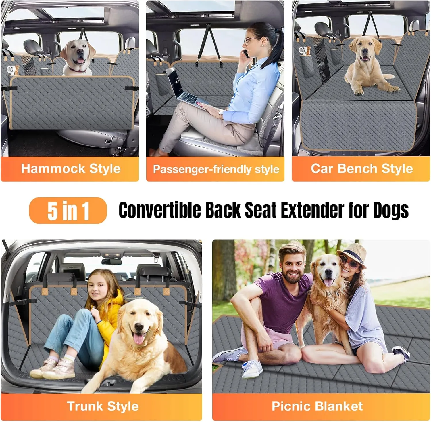 Dog Car Seat Cover for Back Seat, Larger Dog Car Bed Cover with Hard Bottom, Car Backseat Extender for Hammock for Full Size Truck/SUV 8 Panels Gray