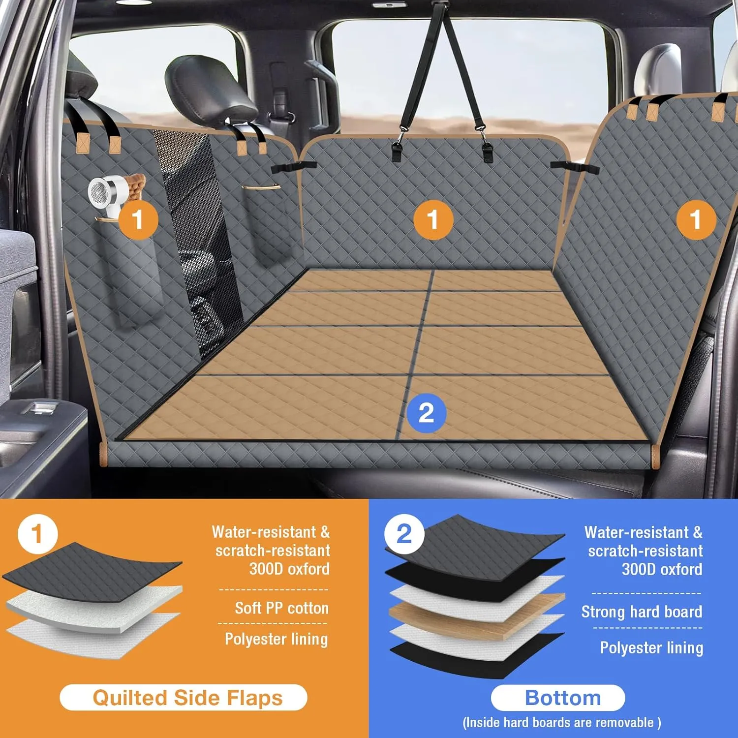 Dog Car Seat Cover for Back Seat, Larger Dog Car Bed Cover with Hard Bottom, Car Backseat Extender for Hammock for Full Size Truck/SUV 8 Panels Gray