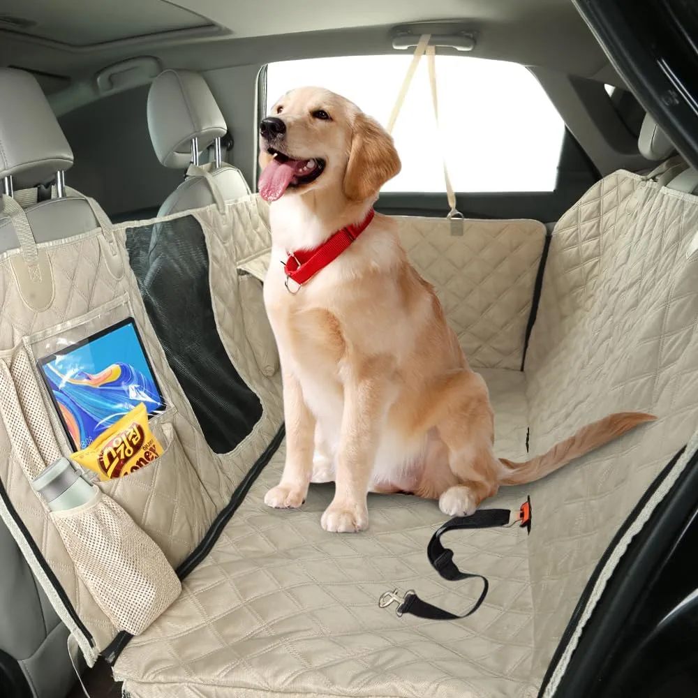 Dog Car Seat Cover for Back Seat,Dog Hammock for Car, Waterproof Backseat Protector for Dogs, Mesh Window and Multiple Pockets - Fits Cars, SUVs, and Trucks