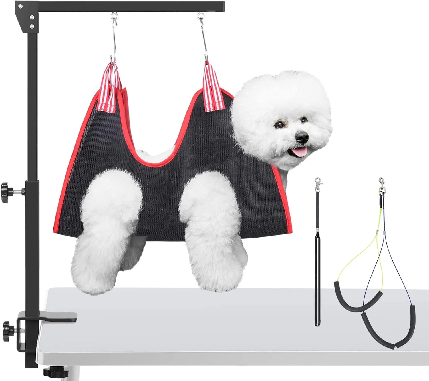 Dog Grooming Arm with Clamp, Adjustable Dog Grooming Table Arm with Two No Sit Haunch Holder & Hammock Harness, Foldable Pet Grooming Supplies for Small Medium Dogs