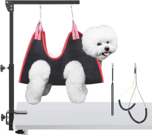 Dog Grooming Arm with Clamp, Adjustable Dog Grooming Table Arm with Two No Sit Haunch Holder & Hammock Harness, Foldable Pet Grooming Supplies for Small Medium Dogs