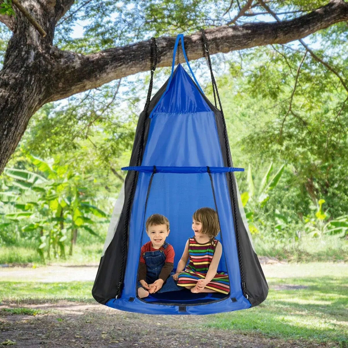 DORTALA Kids Hanging Chair Swing Tent Set, Hammock Nest Pod Hanging Swing Seat for Boys/Girls, Children Swing Play House with Detachable Play Tent, Max Capacity 330 LBS, 40", Blue