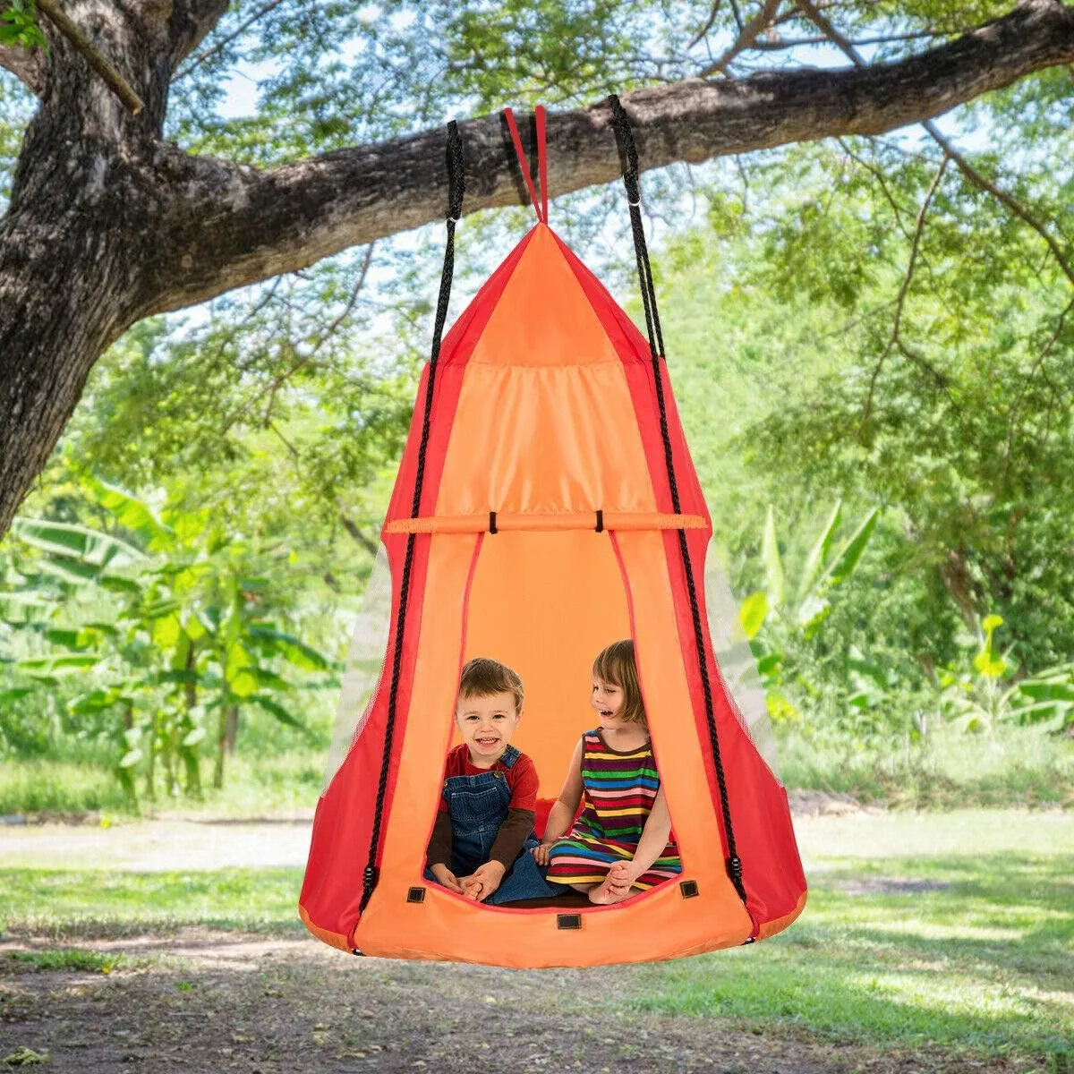 DORTALA Kids Hanging Chair Swing Tent Set, Hammock Nest Pod Hanging Swing Seat for Boys/Girls, Children Swing Play House with Detachable Play Tent, Max Capacity 330 LBS, 40", Orange