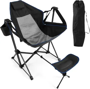 DORTALA Swinging Hammock Chairs for Camping, Rocking Camp Chair w/Retractable Footrest, Folding Camping Chair for Adults, Great for Camping, Fishing, Picnic, Carrying Bag Included, Pack of 1, Black