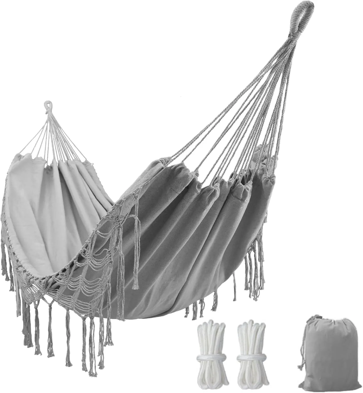 Double Boho Macrame Hammock with Elegant Tassels for Patio, Yard, Beach Wedding Decor, Outdoor and Indoor Up to 450lbs Include Tie Ropes and Drawstring Bag
