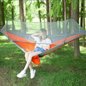 Double Camping Hammock with Tree Straps,Outdoor Hammock with Mosquito Net,Portable Parachute Nylon Hammock for Backpack Travel Orange A 290x140cm