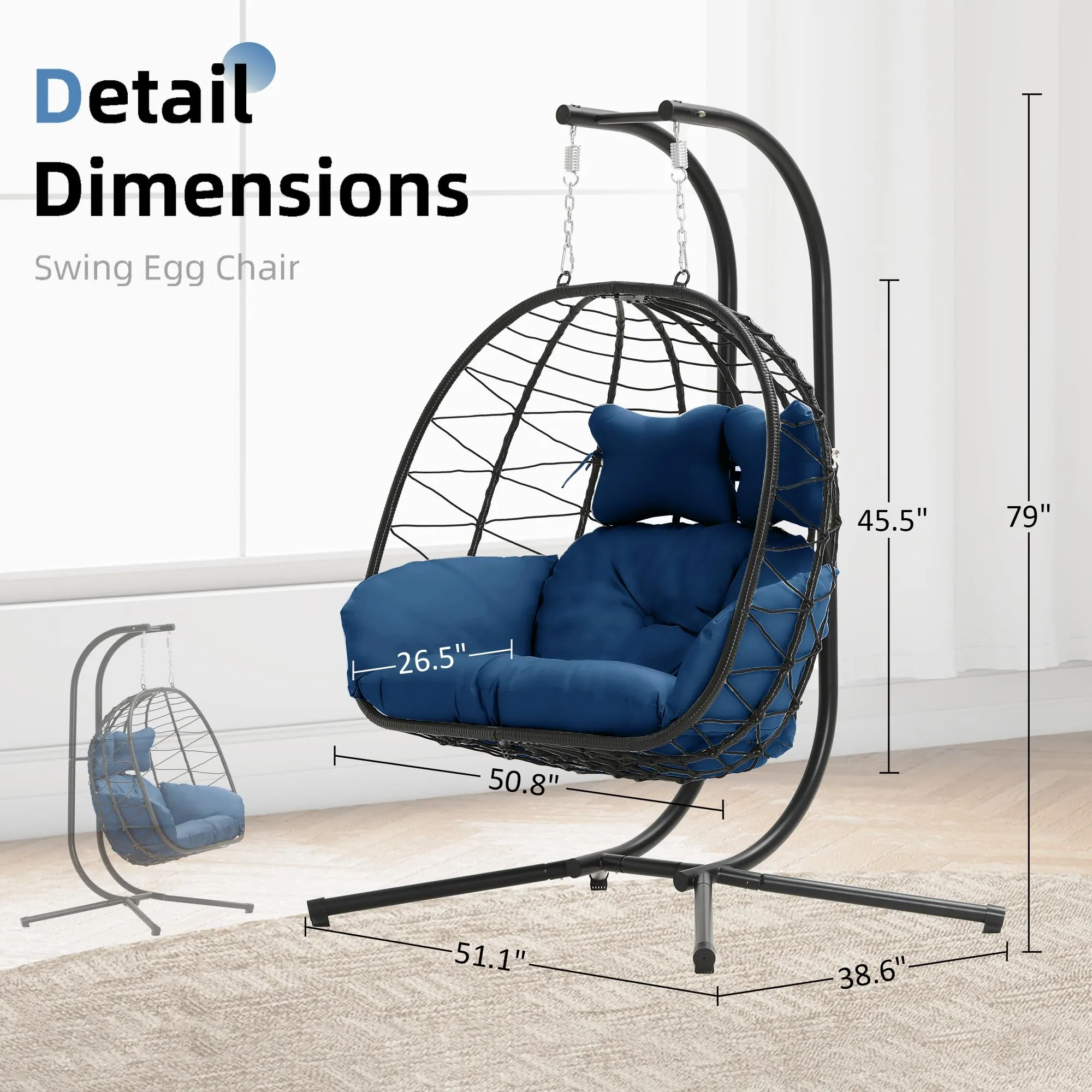 Double Egg Chair wth Stand Hammock Swing Chair Foldable Hanging Loveseat, UV Resistant Removable Cushions, 700LBS Capacity for Bedroom, Balcony, Garden(BK-BL)