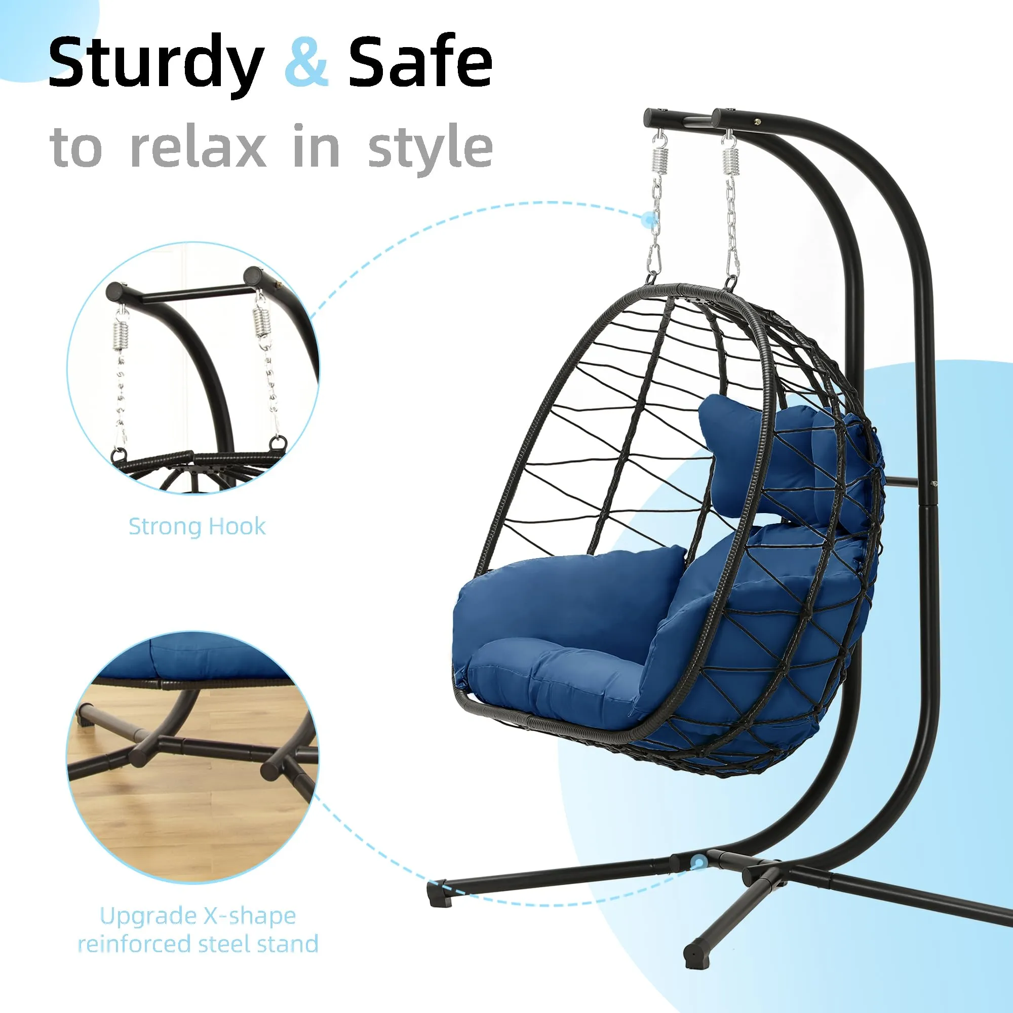 Double Egg Chair wth Stand Hammock Swing Chair Foldable Hanging Loveseat, UV Resistant Removable Cushions, 700LBS Capacity for Bedroom, Balcony, Garden(BK-BL)