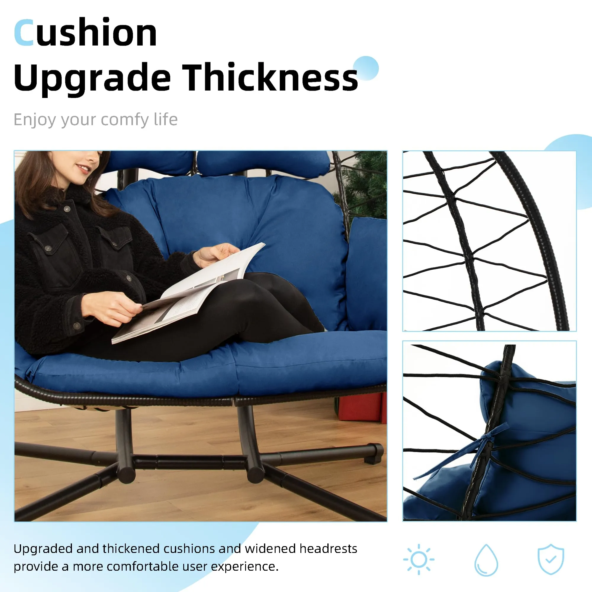 Double Egg Chair wth Stand Hammock Swing Chair Foldable Hanging Loveseat, UV Resistant Removable Cushions, 700LBS Capacity for Bedroom, Balcony, Garden(BK-BL)