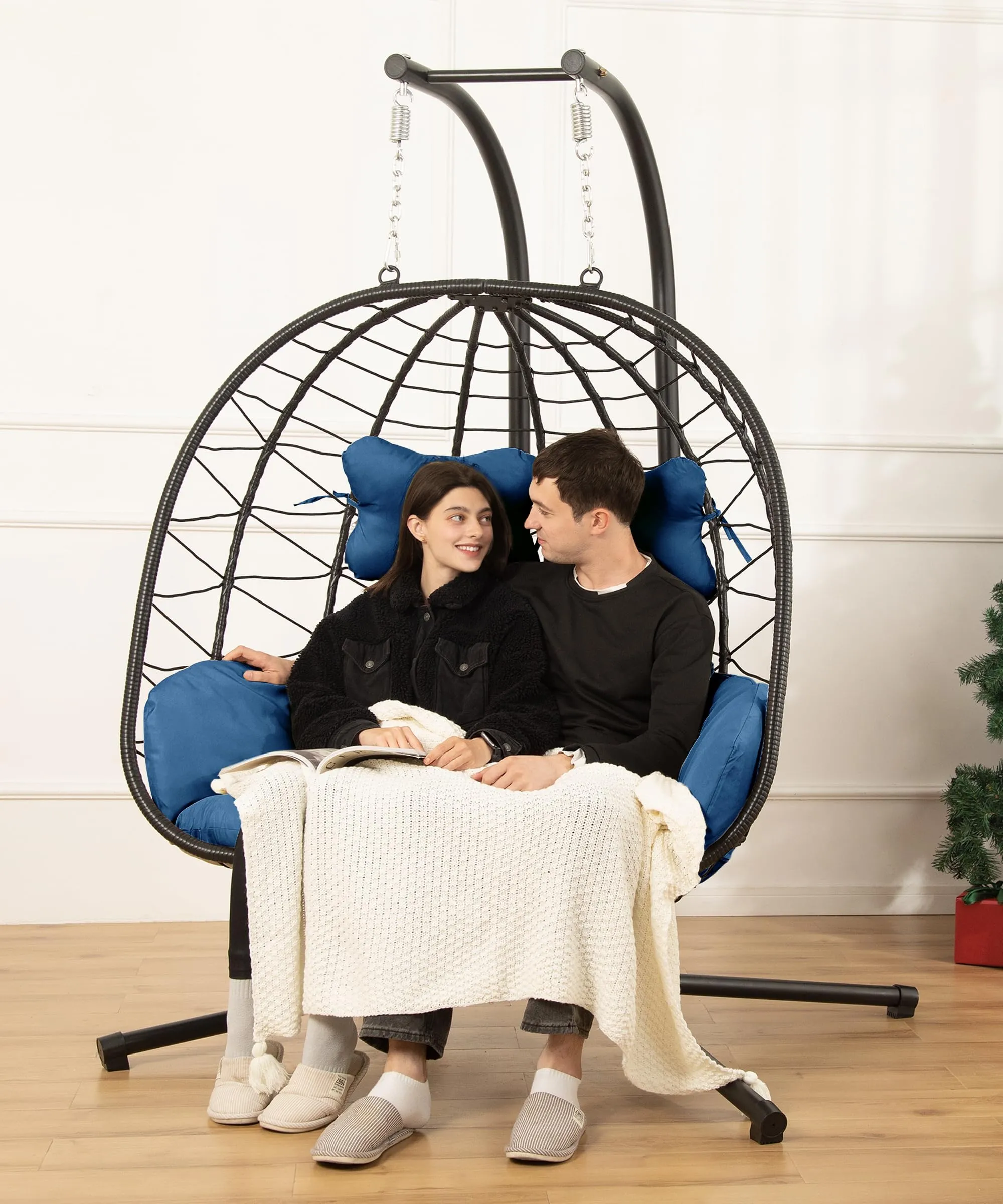 Double Egg Chair wth Stand Hammock Swing Chair Foldable Hanging Loveseat, UV Resistant Removable Cushions, 700LBS Capacity for Bedroom, Balcony, Garden(BK-BL)