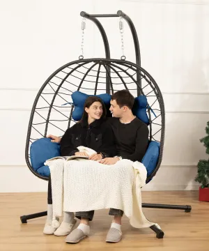 Double Egg Chair wth Stand Hammock Swing Chair Foldable Hanging Loveseat, UV Resistant Removable Cushions, 700LBS Capacity for Bedroom, Balcony, Garden(BK-BL)