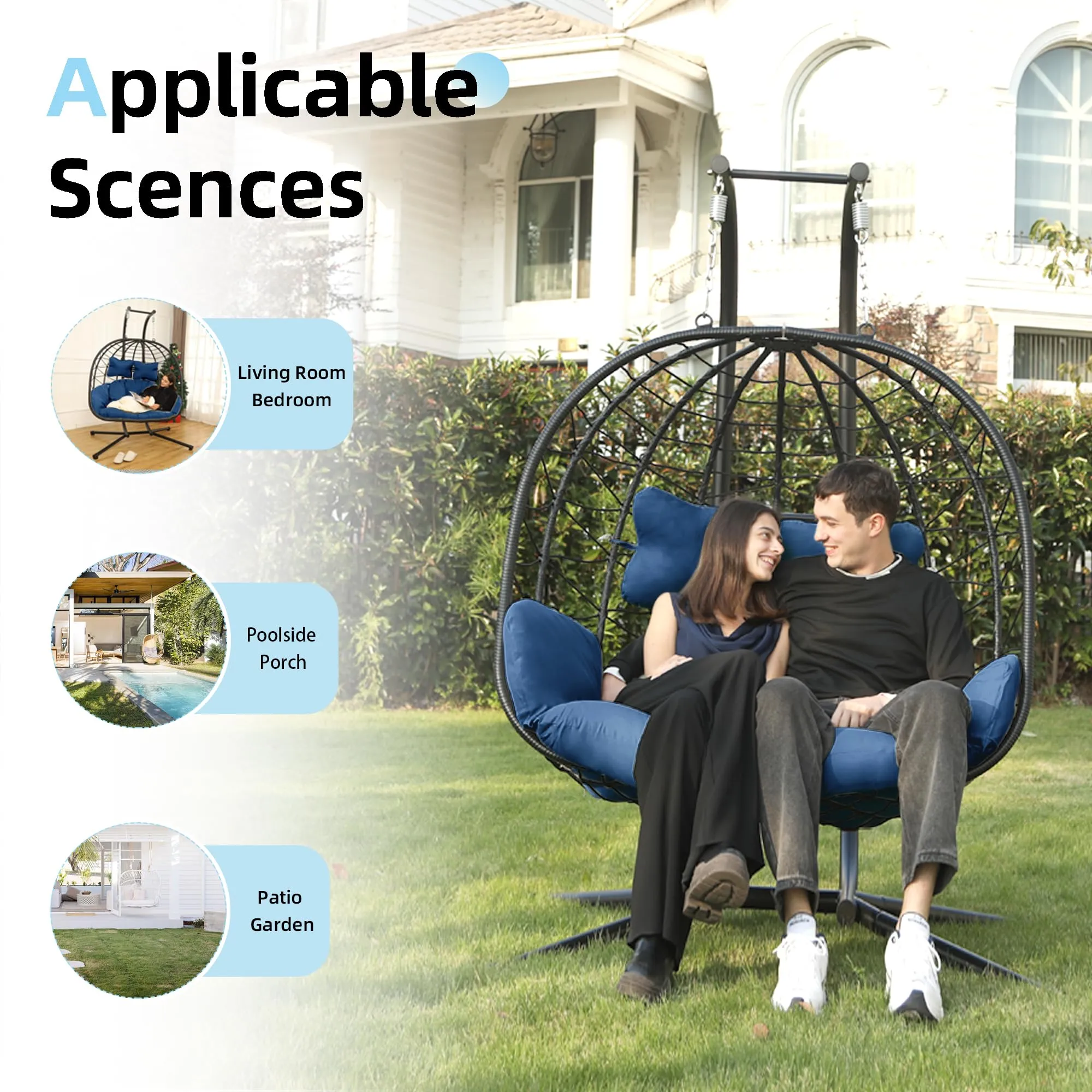 Double Egg Chair wth Stand Hammock Swing Chair Foldable Hanging Loveseat, UV Resistant Removable Cushions, 700LBS Capacity for Bedroom, Balcony, Garden(BK-BL)