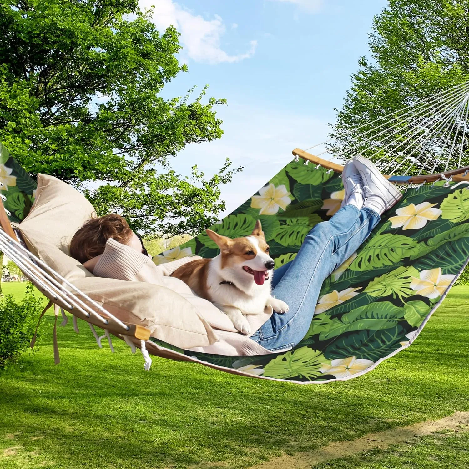 Double Hammock, 11 FT Quilted Fabric 2 Person Hammock for Outside with Pillow, Folding Curved Spreader Bar, Chains, Carrying Bag, Indoor Outdoor, 450 IB Capacity, GreenLeaves