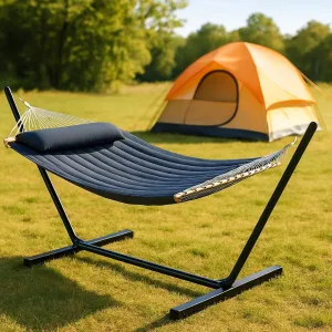 Double Hammock with Stand, 2 Person Heavy Duty 450lb Capacity, Space Saving Steel Frame, 450lb Capacity, for Outdoor Garden, Yard, Patio Hammocks for Adults, Quick-Fold Carry Bag and Gray Cushion