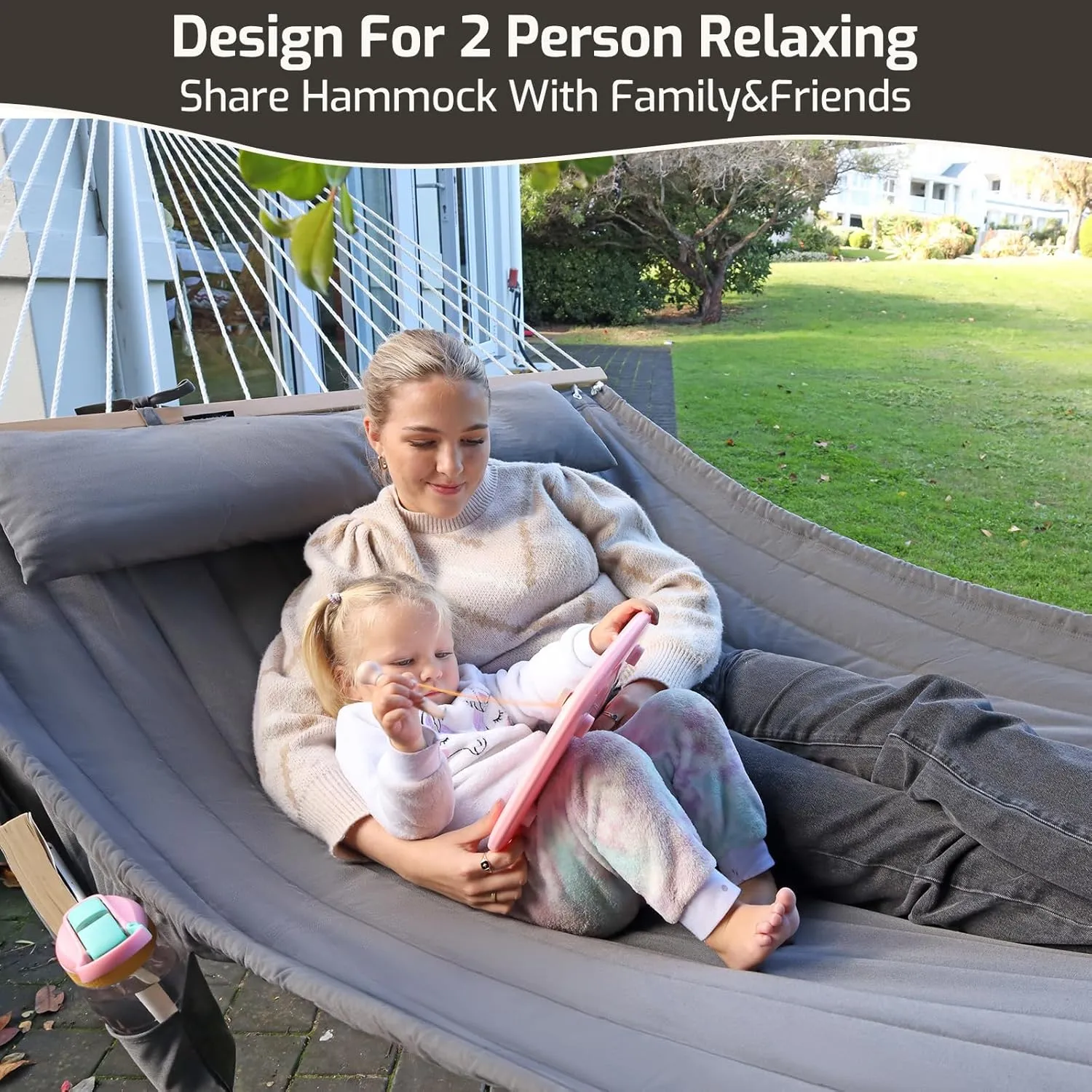 Double Quilted Fabric Hammock with Hardwood Spreader Bars and Pillow 450 LBS Capacity 2 Person Large Hammock for Outdoor Patio Backyard Poolside - Green