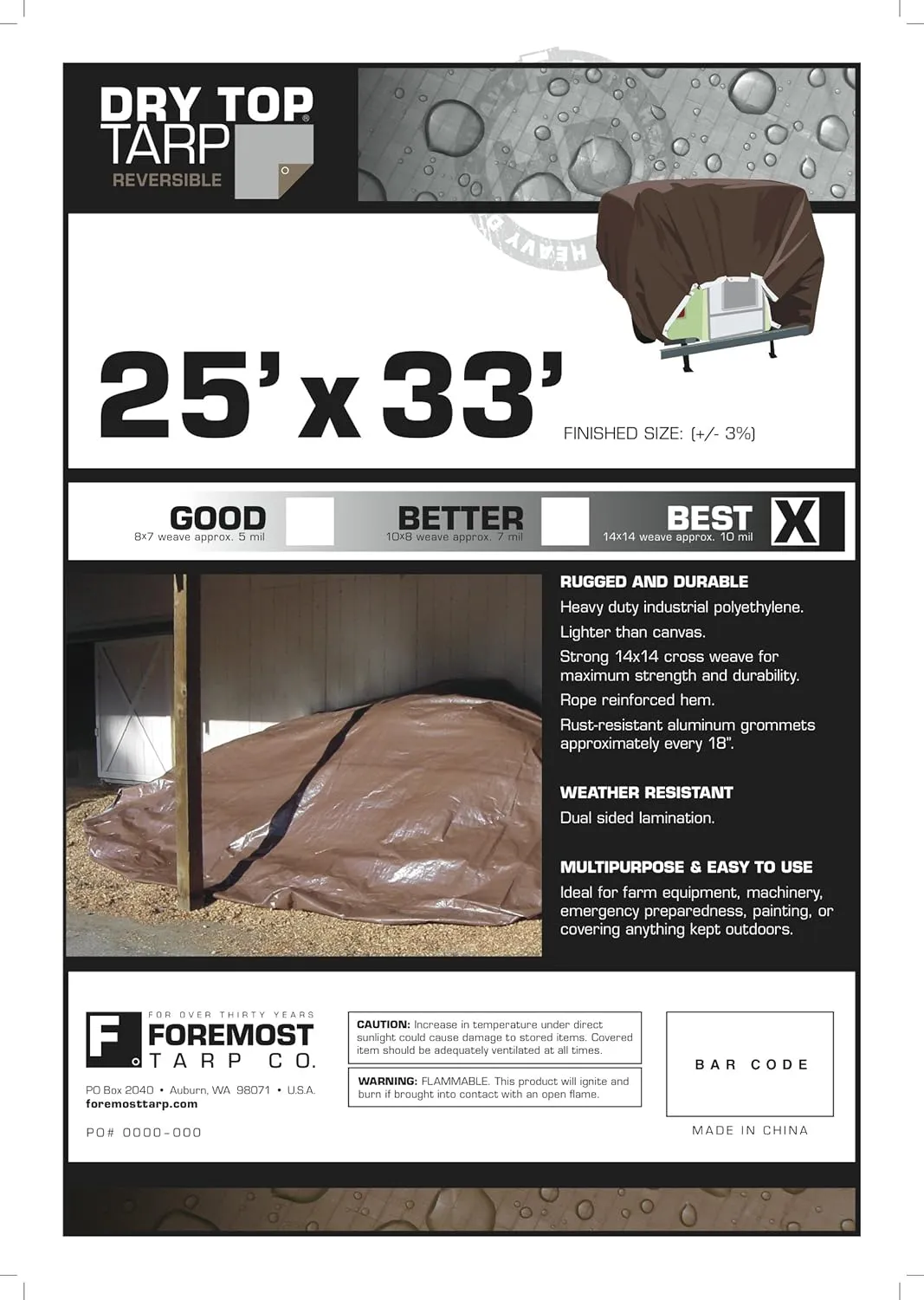Dry Top 225334 22533 25X33'Silver/Brown Poly TARP(14X14 Weave), Feet