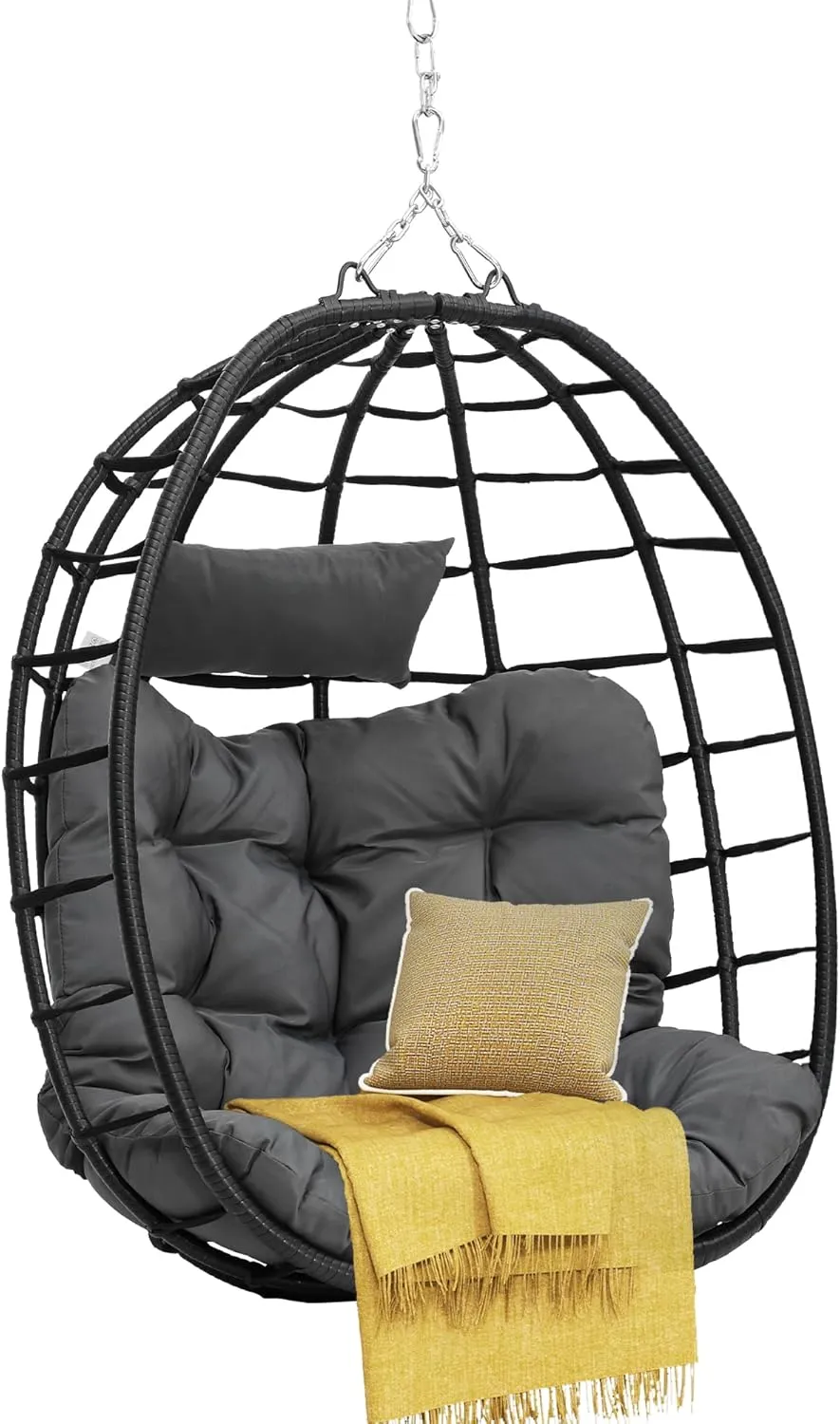 DWVO Egg Hanging Swing Chair Egg Chair Wicker Indoor Outdoor Hammock Egg Chair with Cushions 330lbs for Patio, Bedroom, Garden and Balcony,Dark Gray, Stand not Included