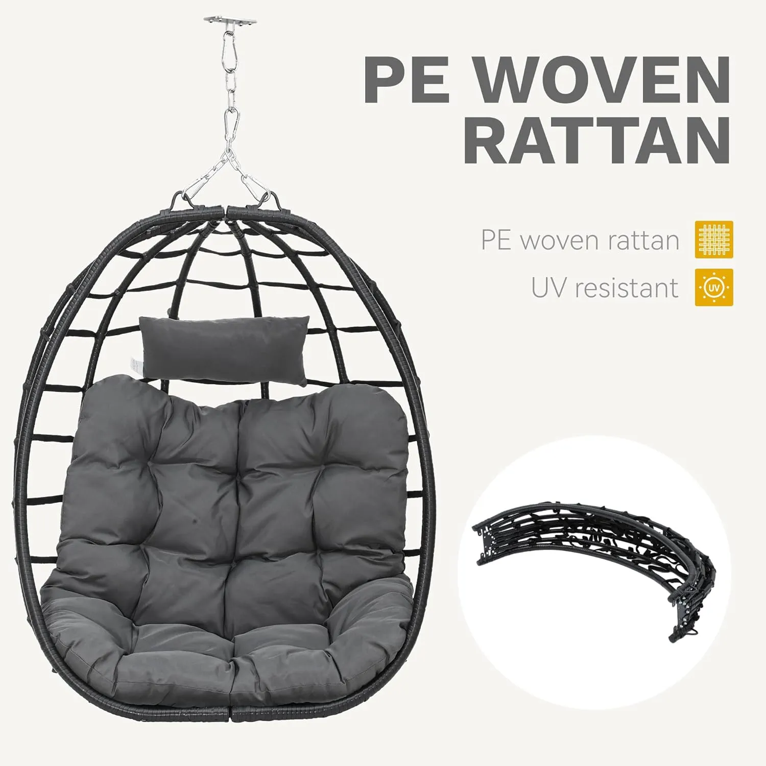 DWVO Egg Hanging Swing Chair Egg Chair Wicker Indoor Outdoor Hammock Egg Chair with Cushions 330lbs for Patio, Bedroom, Garden and Balcony,Dark Gray, Stand not Included