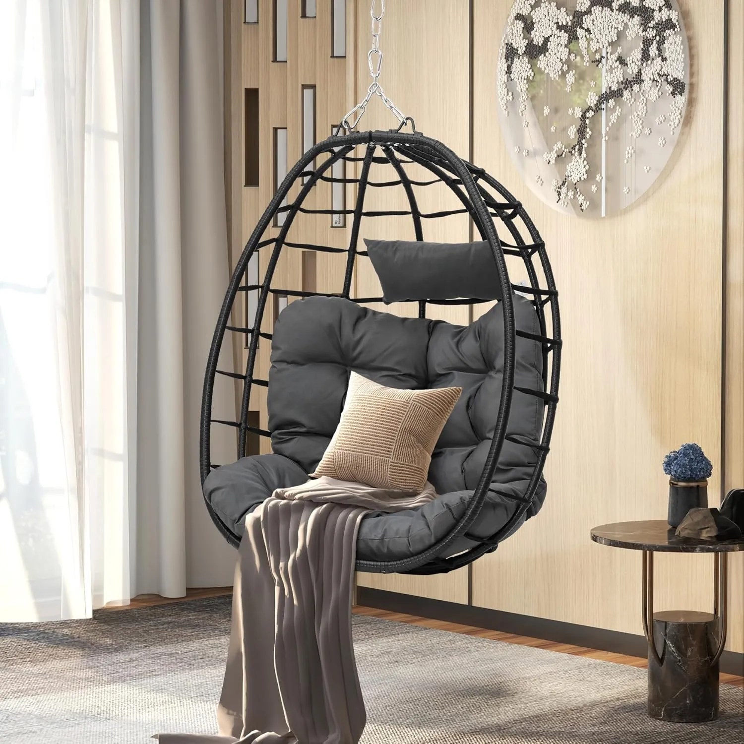 DWVO Egg Hanging Swing Chair Egg Chair Wicker Indoor Outdoor Hammock Egg Chair with Cushions 330lbs for Patio, Bedroom, Garden and Balcony,Dark Gray, Stand not Included