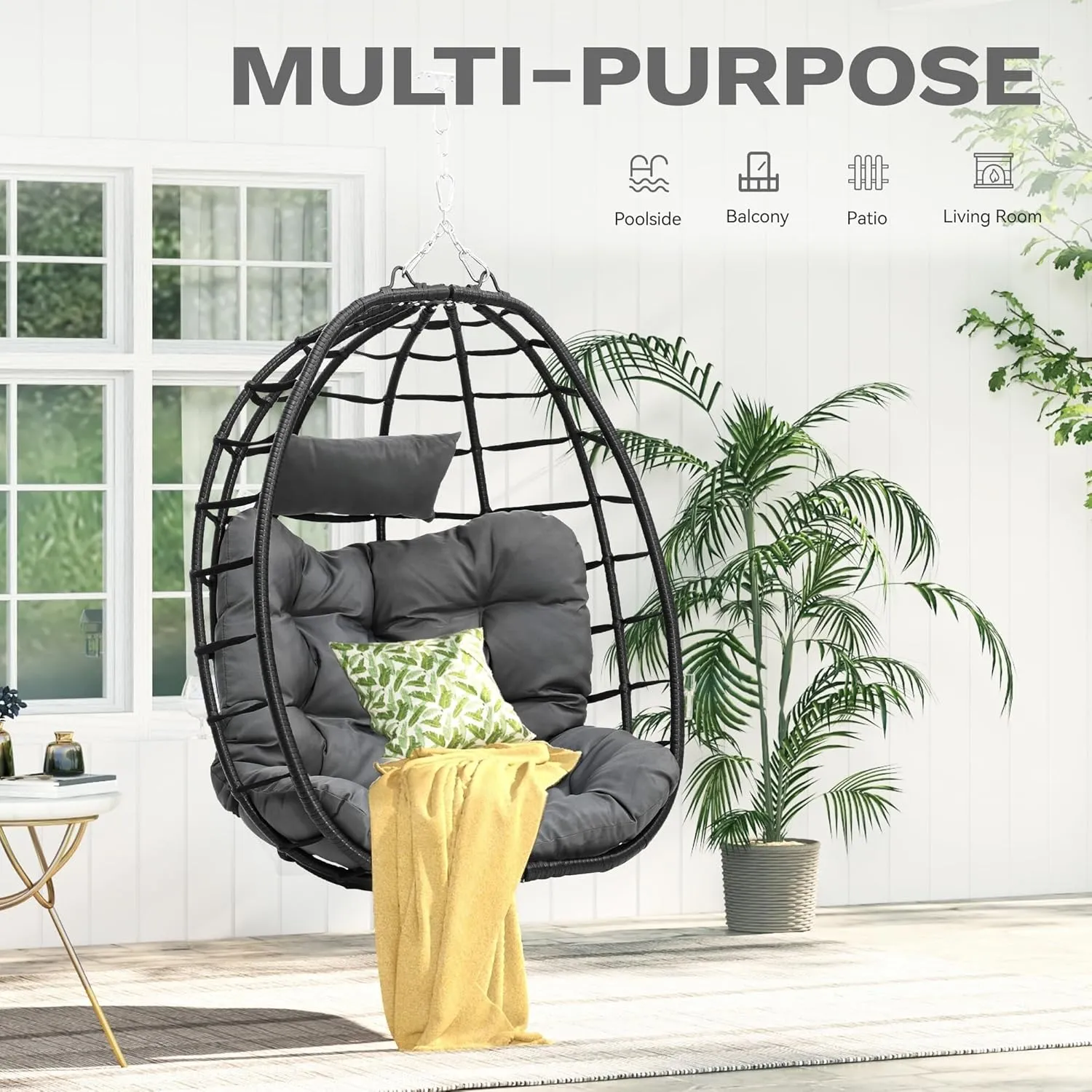 DWVO Egg Hanging Swing Chair Egg Chair Wicker Indoor Outdoor Hammock Egg Chair with Cushions 330lbs for Patio, Bedroom, Garden and Balcony,Dark Gray, Stand not Included