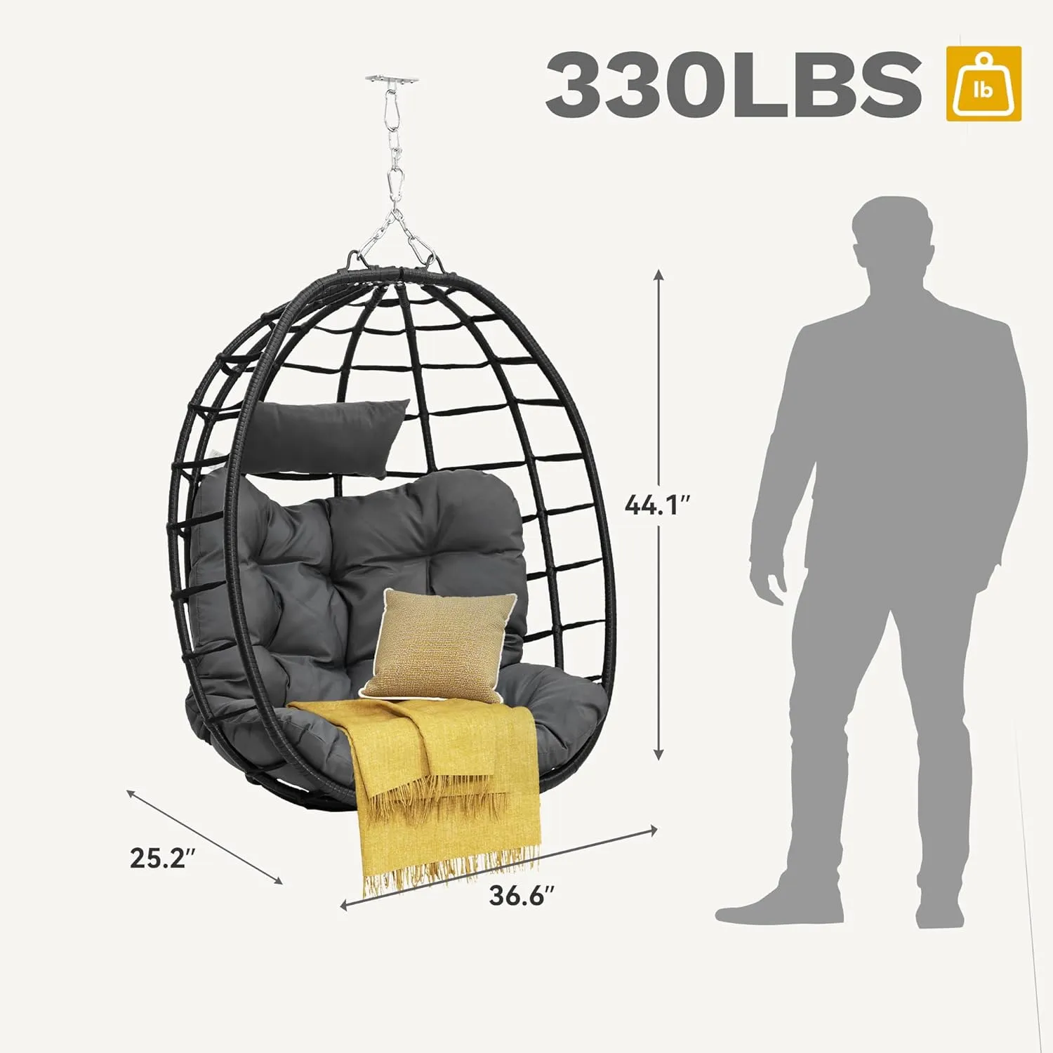 DWVO Egg Hanging Swing Chair Egg Chair Wicker Indoor Outdoor Hammock Egg Chair with Cushions 330lbs for Patio, Bedroom, Garden and Balcony,Dark Gray, Stand not Included