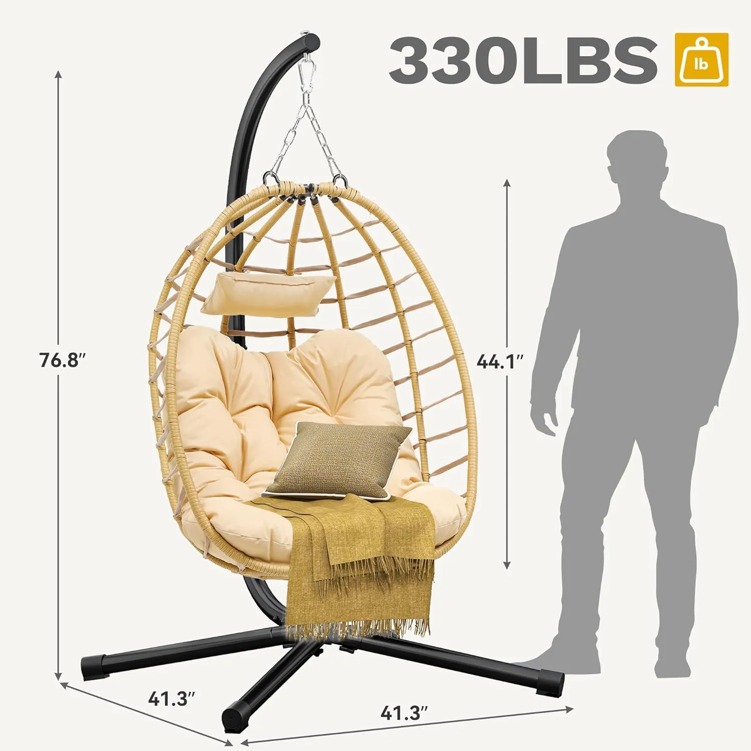 DWVO Egg Hanging Swing Chair with Stand Egg Chair Wicker Indoor Outdoor Hammock Egg Chair with Cushions 330lbs for Patio, Bedroom, Garden and Balcony, Beige