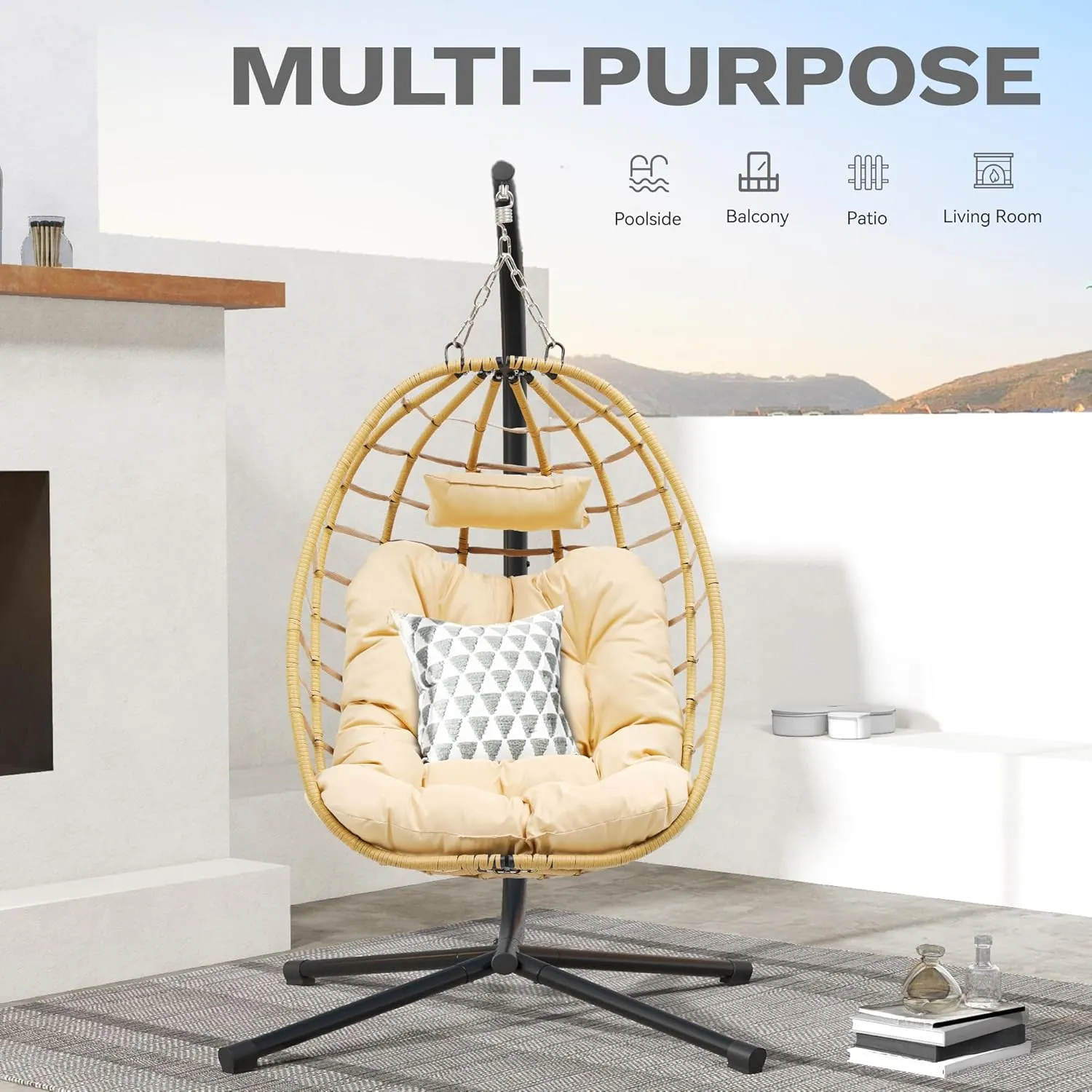 DWVO Egg Hanging Swing Chair with Stand Egg Chair Wicker Indoor Outdoor Hammock Egg Chair with Cushions 330lbs for Patio, Bedroom, Garden and Balcony, Beige
