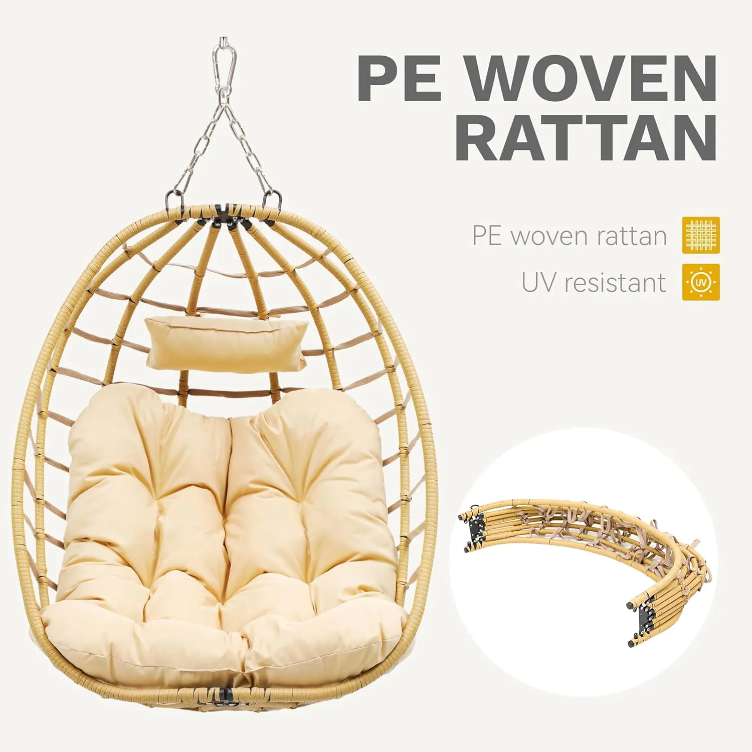DWVO Egg Hanging Swing Chair with Stand Egg Chair Wicker Indoor Outdoor Hammock Egg Chair with Cushions 330lbs for Patio, Bedroom, Garden and Balcony, Beige